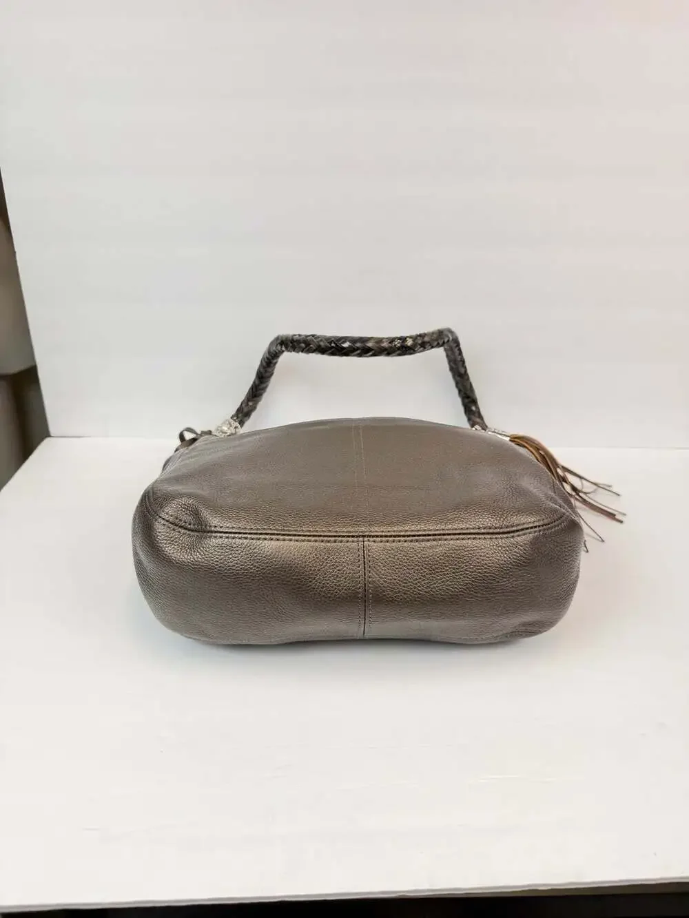 Brighton Barbados Ziptop Hobo Metallic Pewter Leather Bag